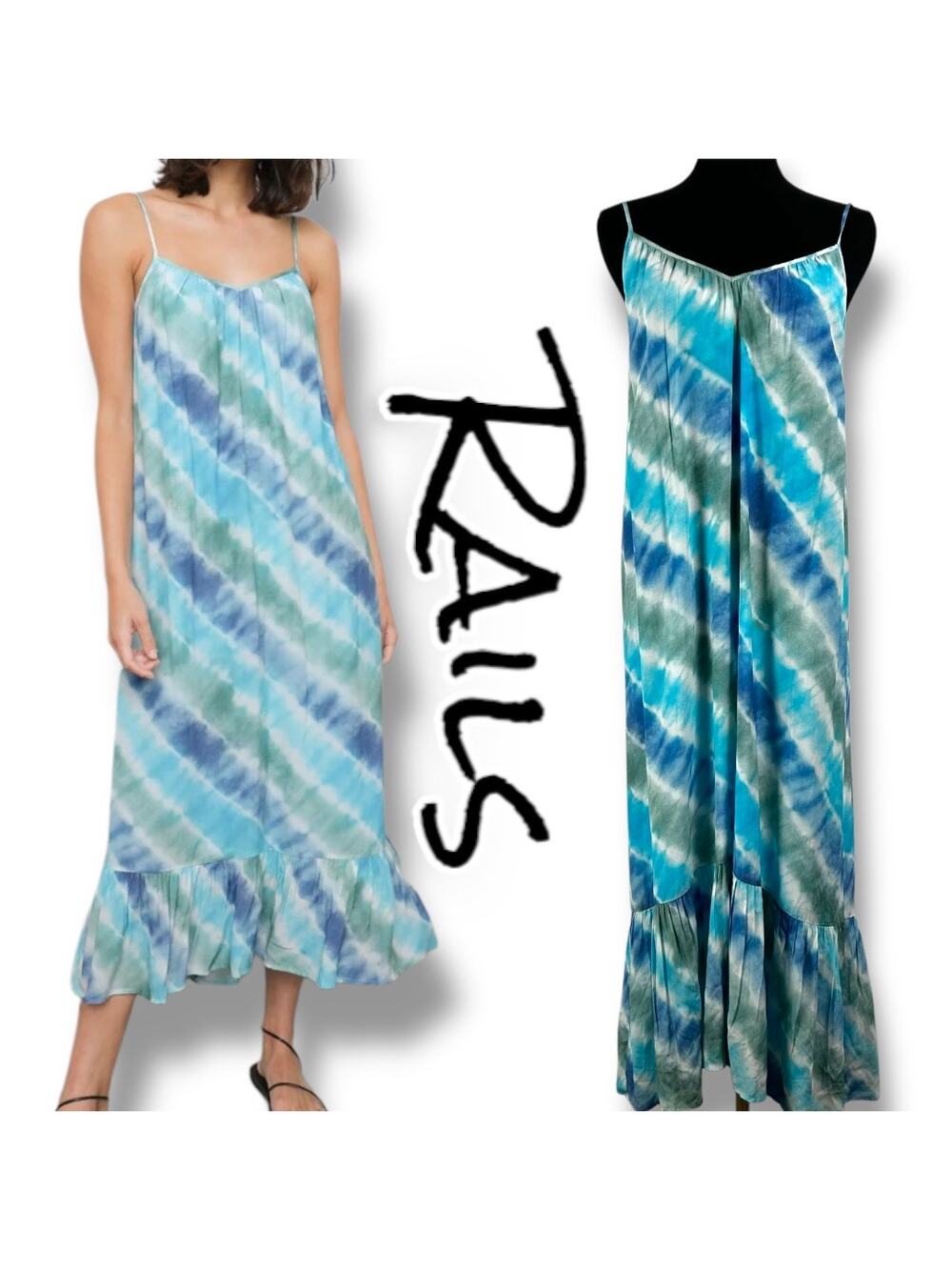 Rails Jennica Tie-Dyed Crepe Dress Maxi Ruffle Sundress Blue Green Womens Size S
